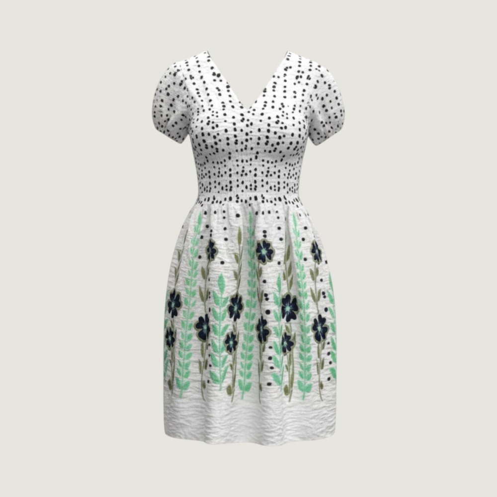 Max Edition White Floral Cap Sleeve Dress Size L Women's Smocked V-Neck 2M07A60B